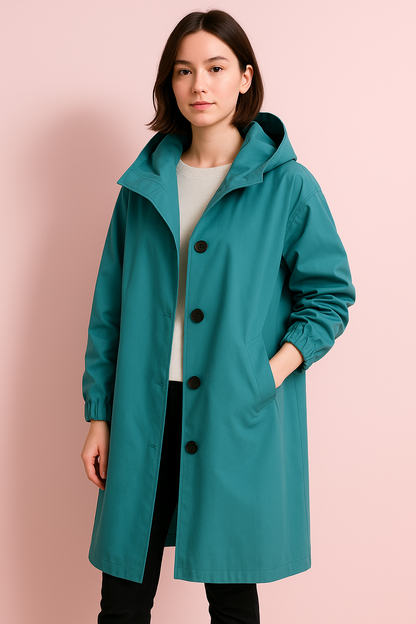 Giovane donna con cappotto verde acqua, cappuccio e bottoni neri, su sfondo rosa. Moda femminile, abbigliamento autunnale, stile casual.