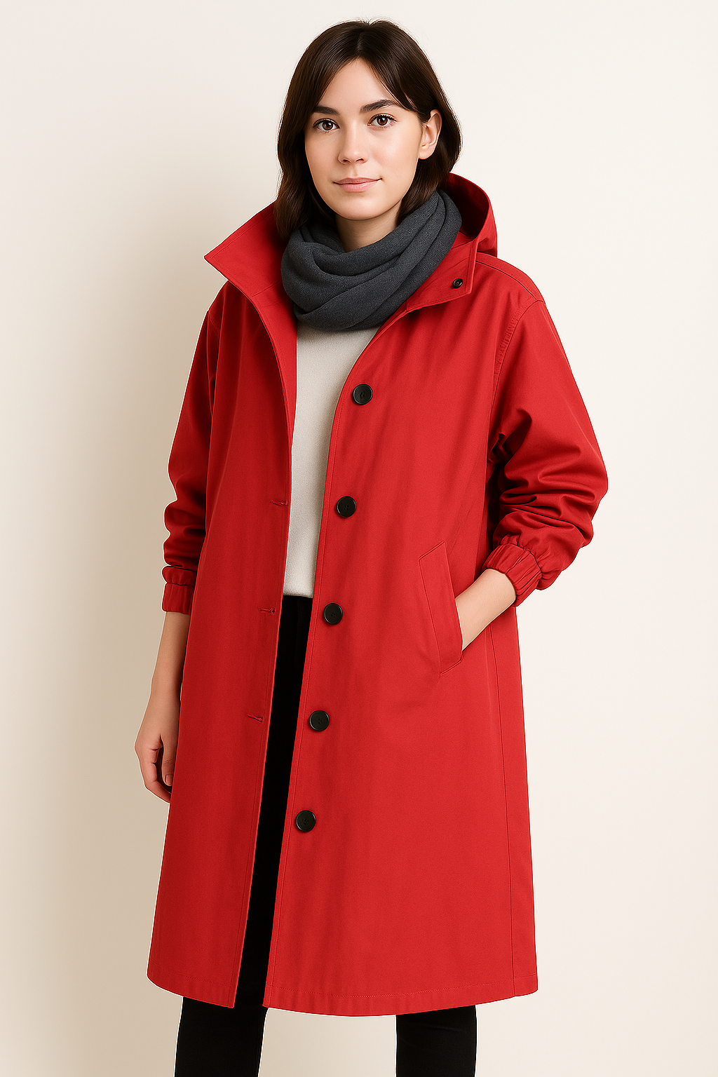 Donna con cappotto rosso elegante, sciarpa grigia, sfondo neutro. Moda autunnale, abbigliamento casual chic, tendenze abbigliamento donna.