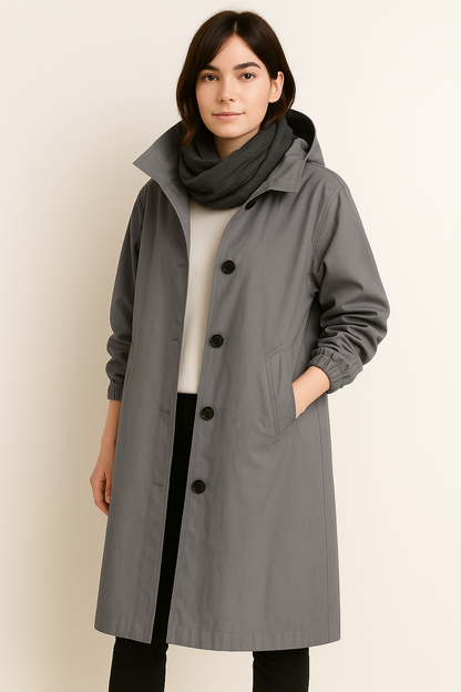 Giovane donna con cappotto grigio, sciarpa nera e mani in tasca. Moda autunnale, abbigliamento casual elegante, sfondo neutro.