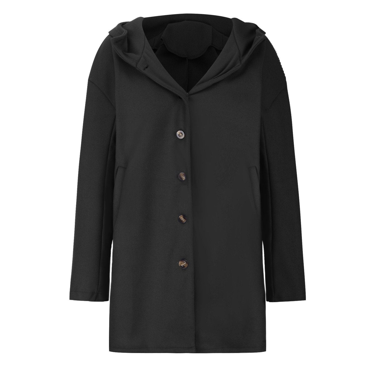 Cappotto nero elegante con cappuccio, bottoni frontali, design minimalista. Abbigliamento invernale moda uomo, tessuto caldo e confortevole.