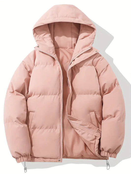 Giacca invernale imbottita rosa chiaro con cappuccio, design trapuntato, chiusura a zip, tasche laterali. Moda donna, abbigliamento caldo.