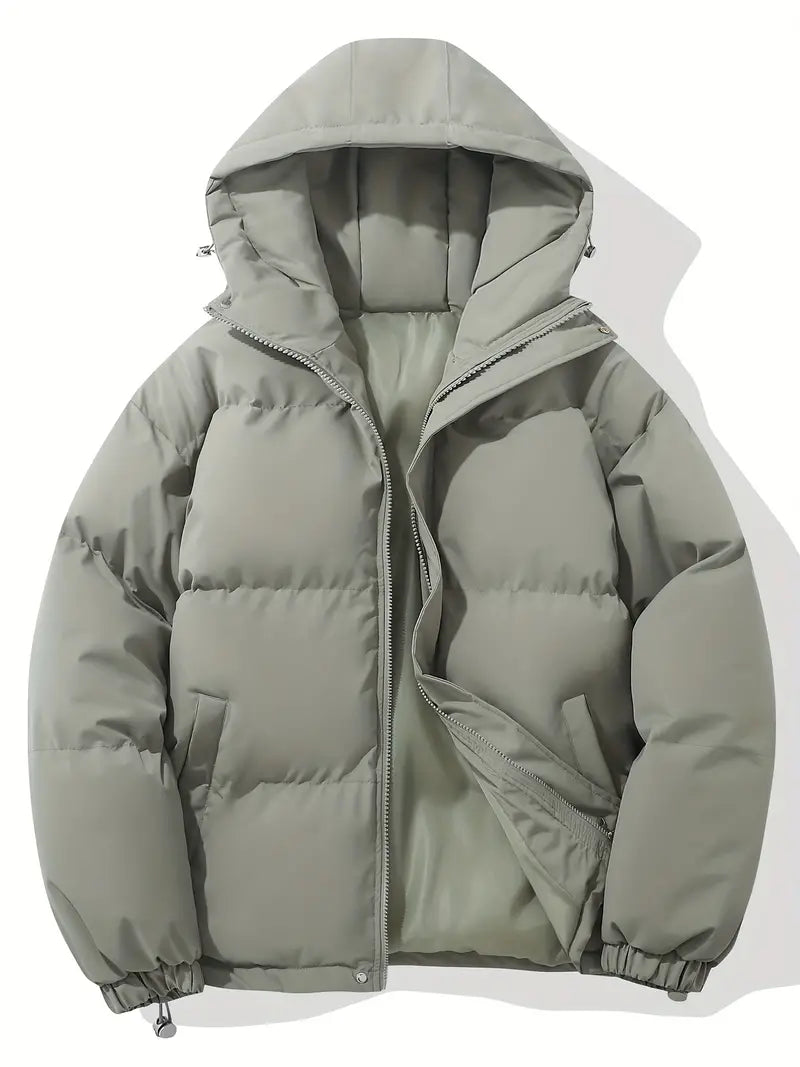 Giacca invernale imbottita grigia con cappuccio, design trapuntato, chiusura a zip, ideale per il freddo. Moda uomo, abbigliamento caldo.