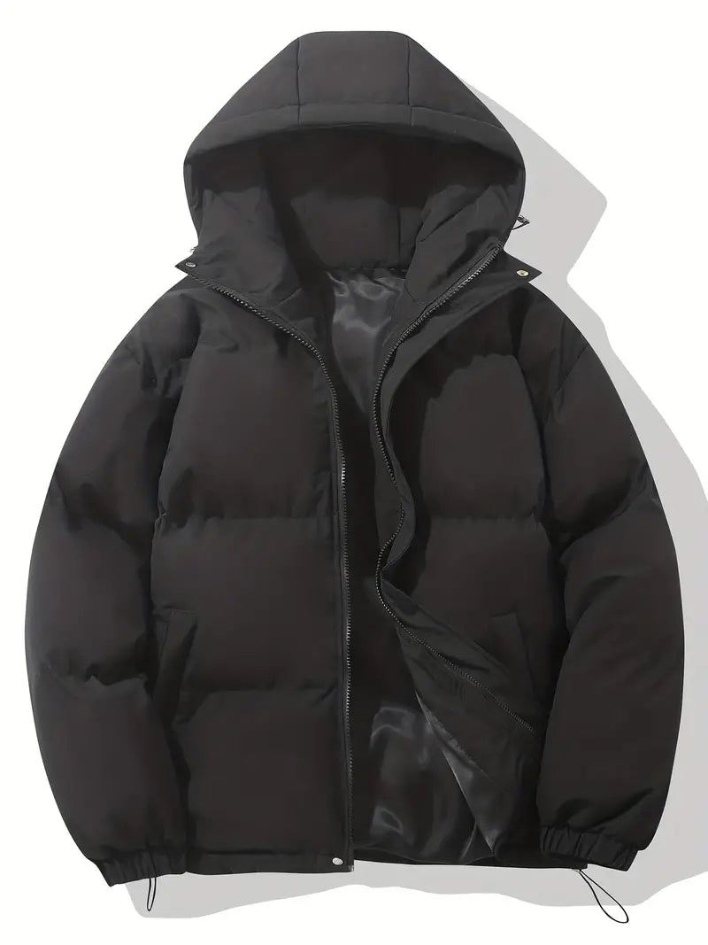 Giacca invernale nera imbottita con cappuccio, design moderno, chiusura a zip, ideale per il freddo. Abbigliamento uomo, moda inverno.