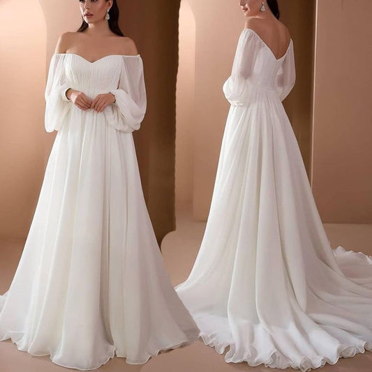 Abito da sposa elegante con scollo a cuore e maniche lunghe in chiffon bianco, design classico e moderno, perfetto per matrimoni romantici.