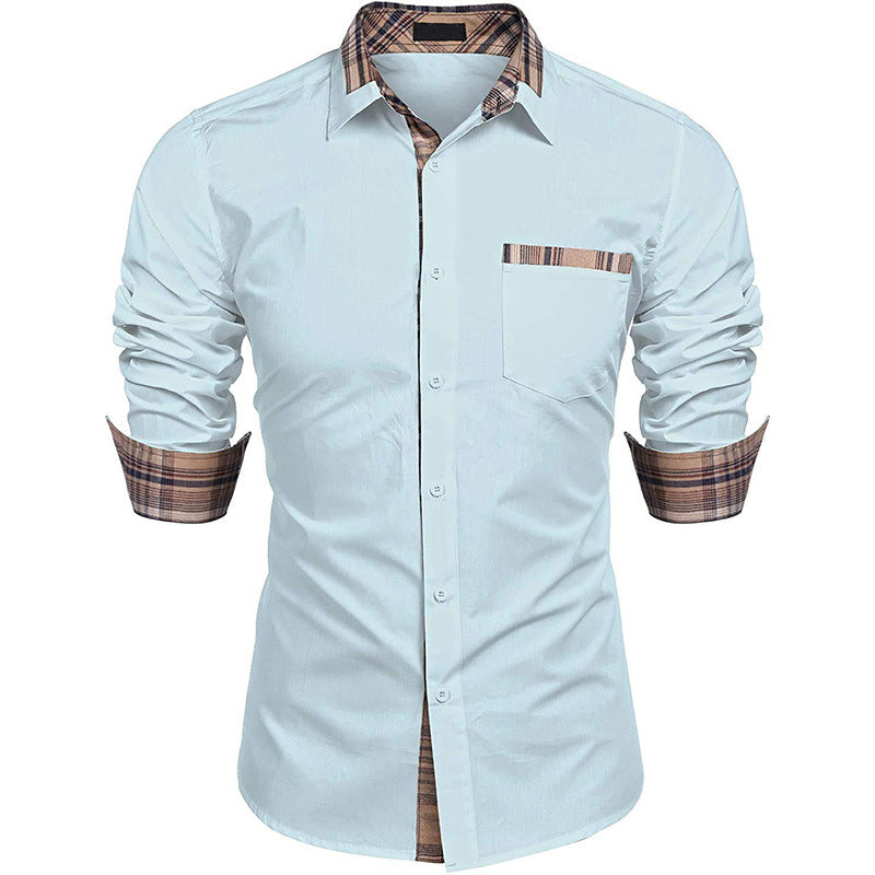Camicia uomo bianca elegante con dettagli a quadri marroni su colletto e polsini, maniche lunghe, perfetta per look casual e formali.