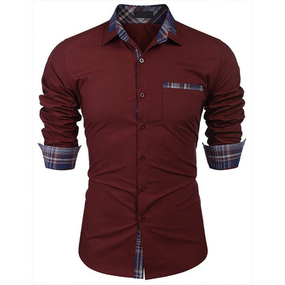 Camicia uomo bordeaux elegante, maniche lunghe, dettagli a quadri su colletto e polsini, taschino frontale. Moda maschile, abbigliamento casual.