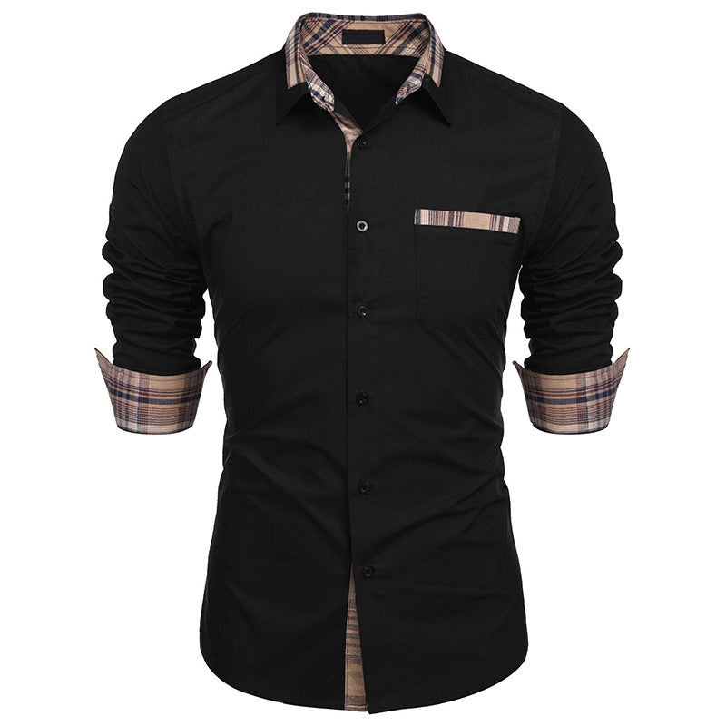 Camicia nera elegante da uomo con dettagli a quadri su colletto e polsini, maniche lunghe, taschino frontale, moda maschile casual chic.