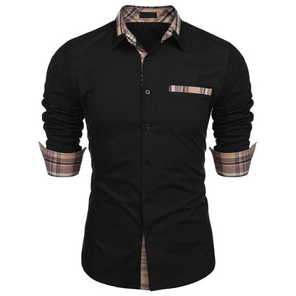 Camicia nera elegante da uomo con dettagli a quadri su colletto e polsini, maniche lunghe, taschino frontale, moda maschile casual chic.