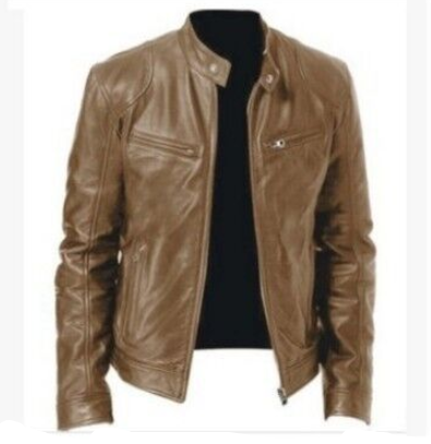 Giacca in pelle marrone da uomo, stile motociclista, con zip frontale e tasche, ideale per look casual e trendy.