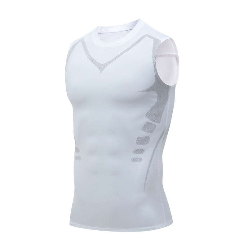 Canotta sportiva bianca senza maniche, design traspirante e aderente, ideale per allenamento e fitness. Tessuto tecnico per prestazioni ottimali.