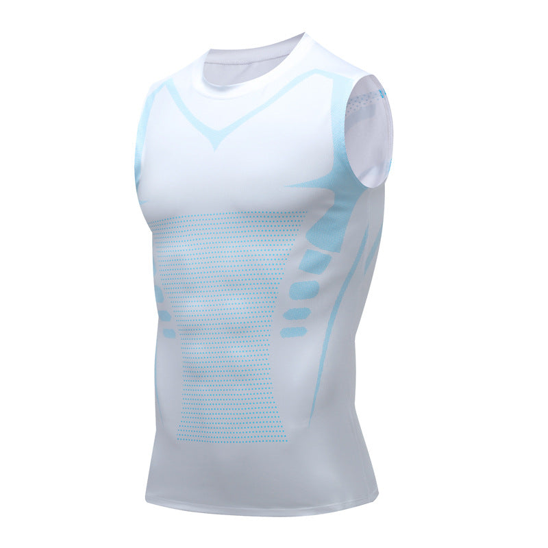 Canotta sportiva bianca senza maniche, design ergonomico, tessuto traspirante, ideale per allenamento e fitness, dettagli azzurri.
