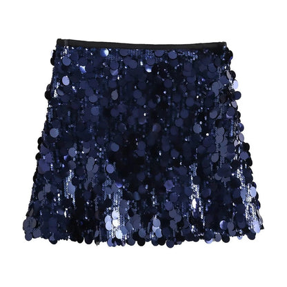 Gonna mini blu con paillettes scintillanti, moda donna elegante, abbigliamento da festa, stile glamour, tessuto luccicante.