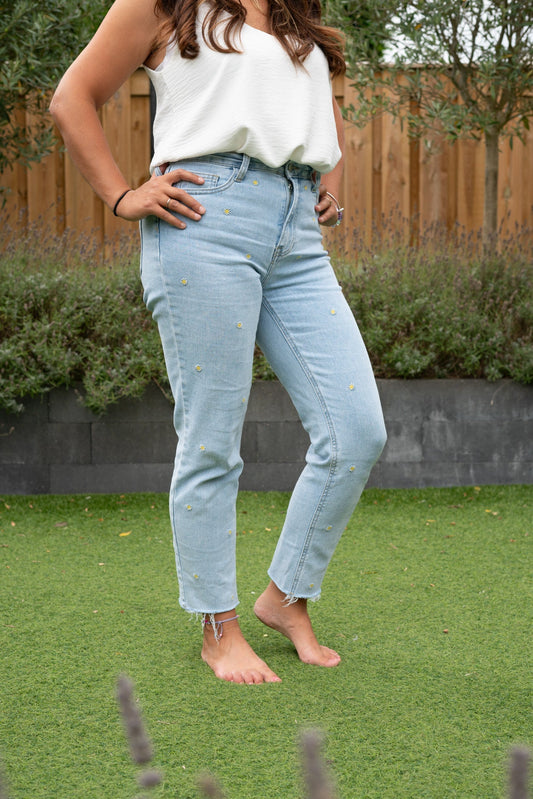 Jeans Donna a Vita Alta in Denim Elasticizzato con Stampa Floreale