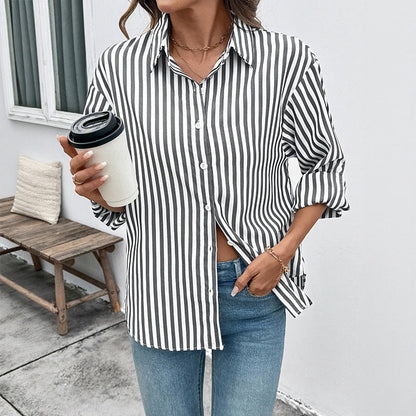 Women's Long Sleeve Striped Shirt with Button Closure and Lightweight Design