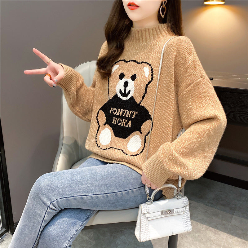 Maglione da Donna Autunnale con Motivo Orso e Design Lavorato a Maglia Ampio