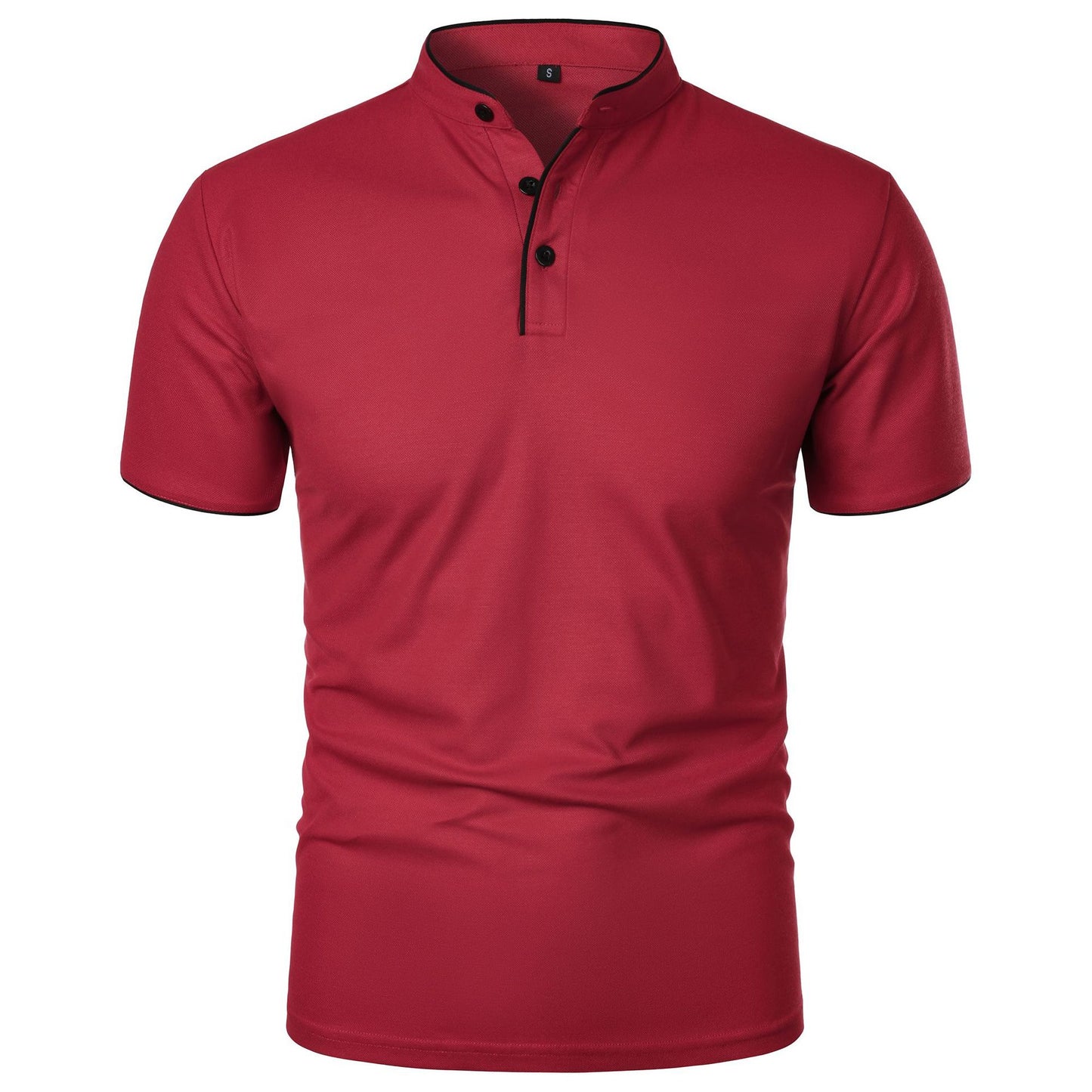 Maglietta rossa a maniche corte con colletto alla coreana e bottoni neri. Design moderno, ideale per moda uomo casual ed elegante.