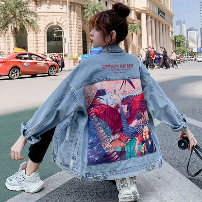 Chaqueta para mujer tallas grandes en denim con bordados y mangas largas