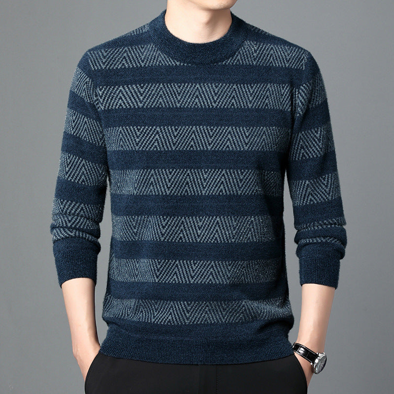Maglione uomo a righe blu e grigie, motivo geometrico, maniche lunghe, stile casual elegante, perfetto per moda autunnale e invernale.