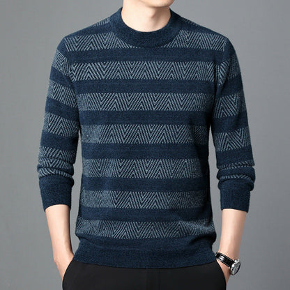 Maglione uomo a righe blu e grigie, motivo geometrico, maniche lunghe, stile casual elegante, perfetto per moda autunnale e invernale.