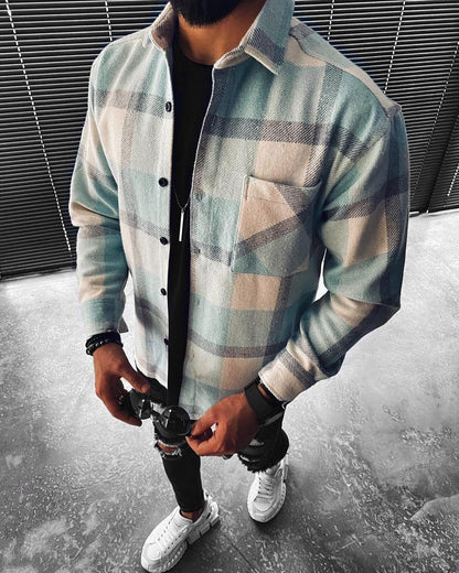 Camicia da Uomo a Maniche Lunghe con Motivo Scozzese e Colletto a Rever