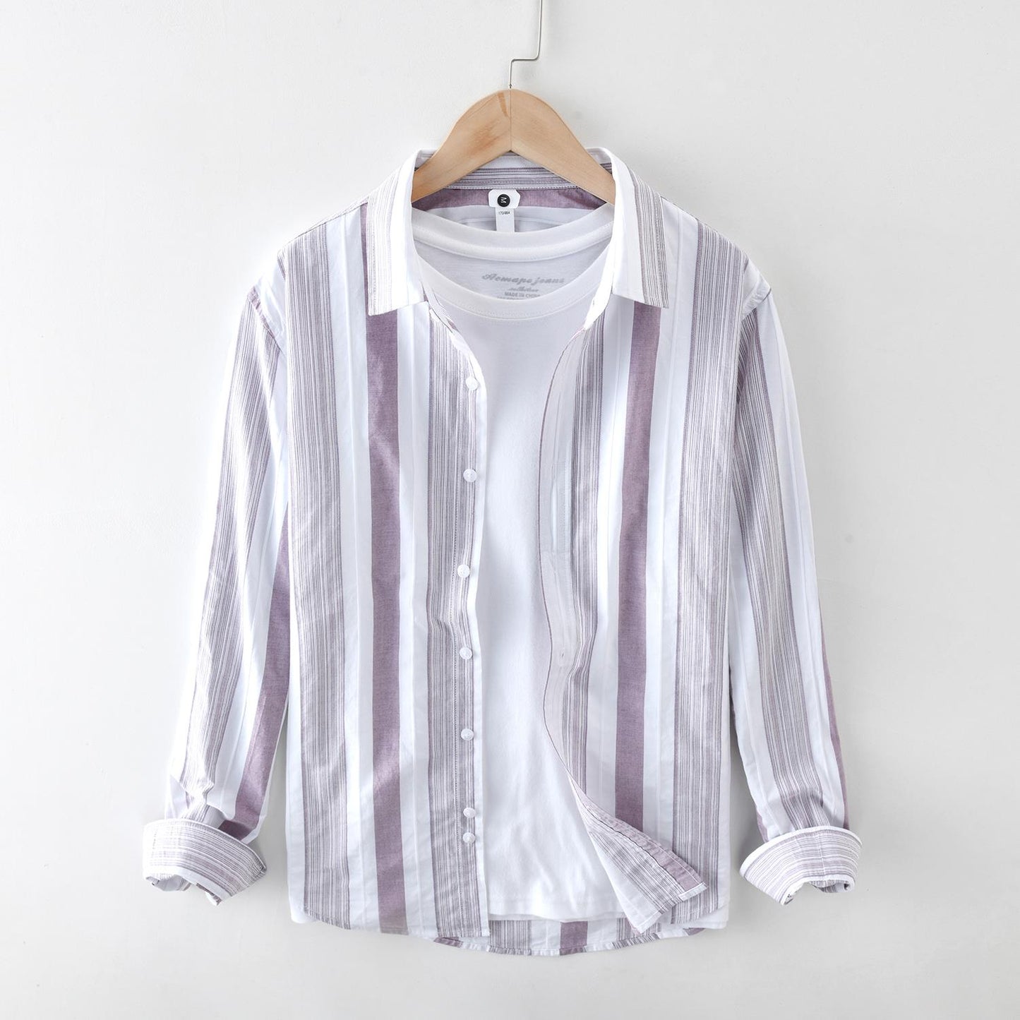 Men's Long Sleeve Shirt with Square Collar, Striped Pattern and Button Details