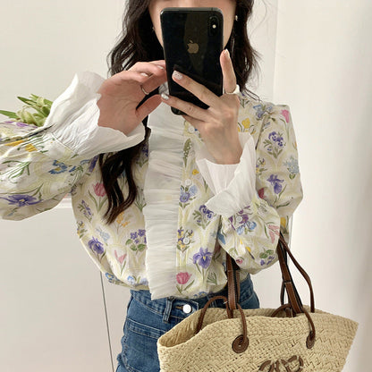 Blusa a Collo Alto con Patchwork e Balze con Maniche Svasate | Ideale per l'Autunno