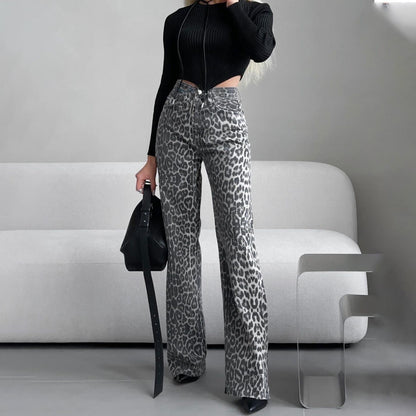 Donna Jeans Skinny Vita Alta con Stampa Leopardata