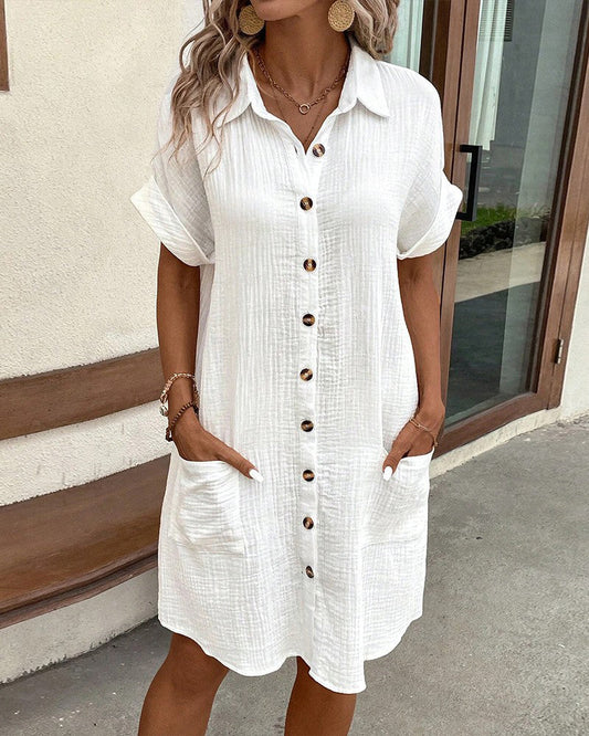 Abito Camicia Lunghezza al Ginocchio con Tasche e Dettaglio Fibbia | Ideale per Primavera ed Estate