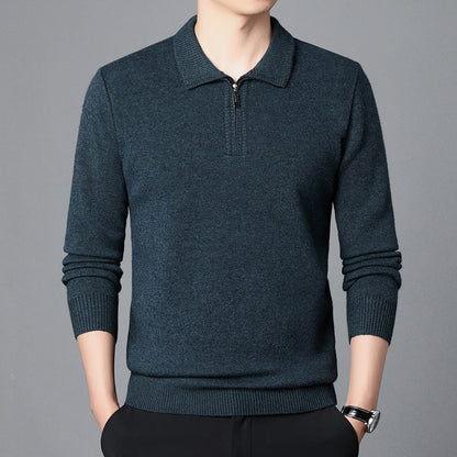 Maglione uomo blu scuro con zip, maniche lunghe, colletto polo, stile casual elegante. Perfetto per moda autunnale e invernale.