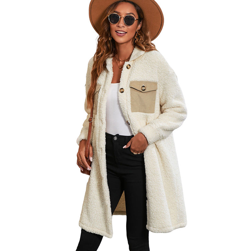 Chaqueta larga otoñal para mujer de lana de cordero, lisa, con cierre de cremallera