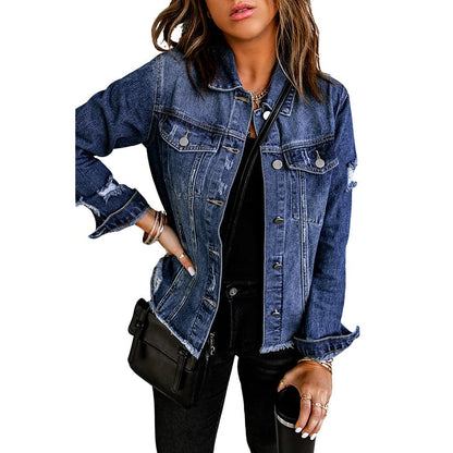 Giacca Donna Autunnale in Denim con Chiusura a Bottoni e Maniche Lunghe