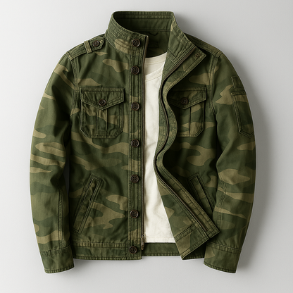 Giacca Leggera da Uomo con Stampa Camo, Chiusura con Bottoni e Tasche Multiple