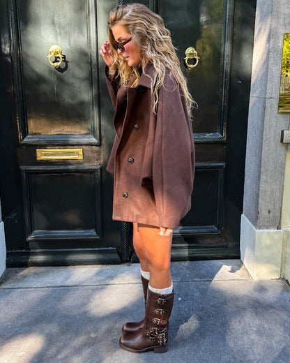 Brown Women's Biker Ankle Boots with Buckle and Side Zip