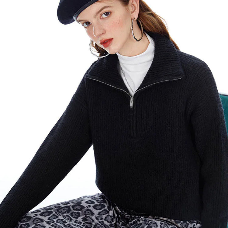 Maglione Knit Donna Collo Con Zip Maniche Lunghe