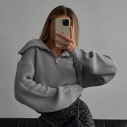 Maglione Knit Donna Collo Con Zip Maniche Lunghe