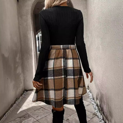 Abito a Linea con Allacciatura e Cuciture a Quadri con Maniche Lunghe | Ideale per Autunno e Inverno