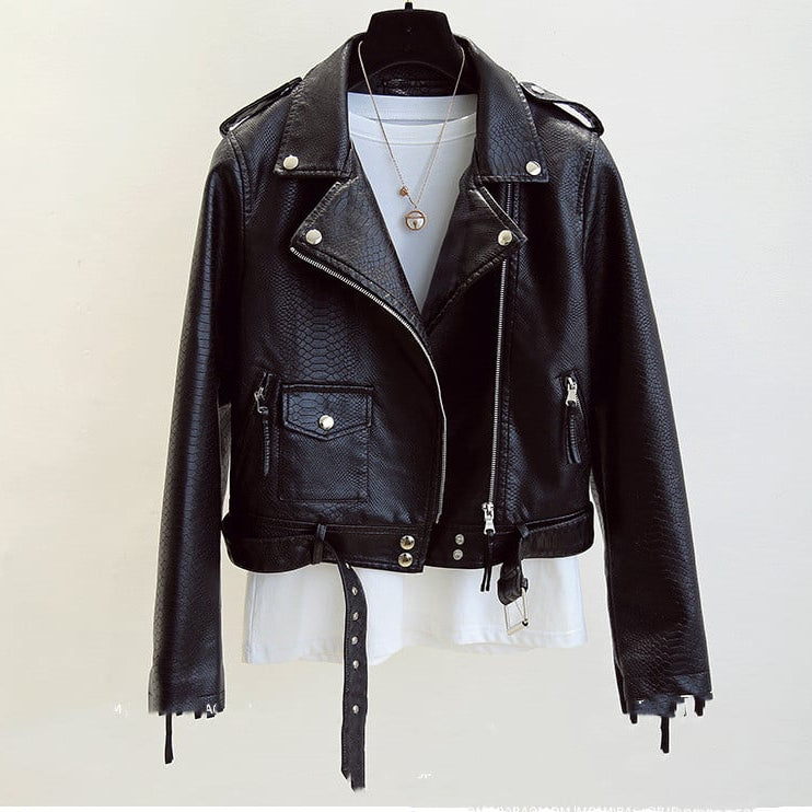 Chaqueta Biker de Mujer Slim Fit con Estampado de Serpiente, Cuello Solapa y Cierre de Cremallera