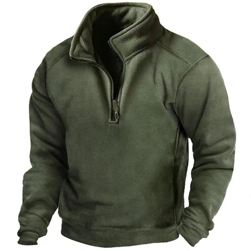 Felpa verde militare con cerniera a metà, design casual, tessuto in pile caldo, ideale per attività all'aperto e abbigliamento invernale.
