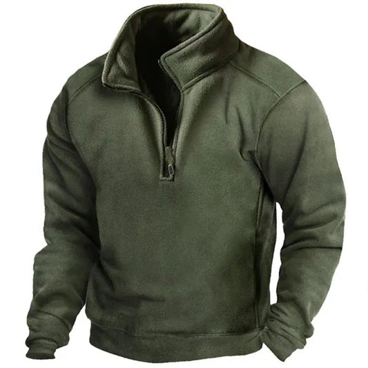 Felpa verde militare con cerniera a metà, design casual, tessuto in pile caldo, ideale per attività all'aperto e abbigliamento invernale.