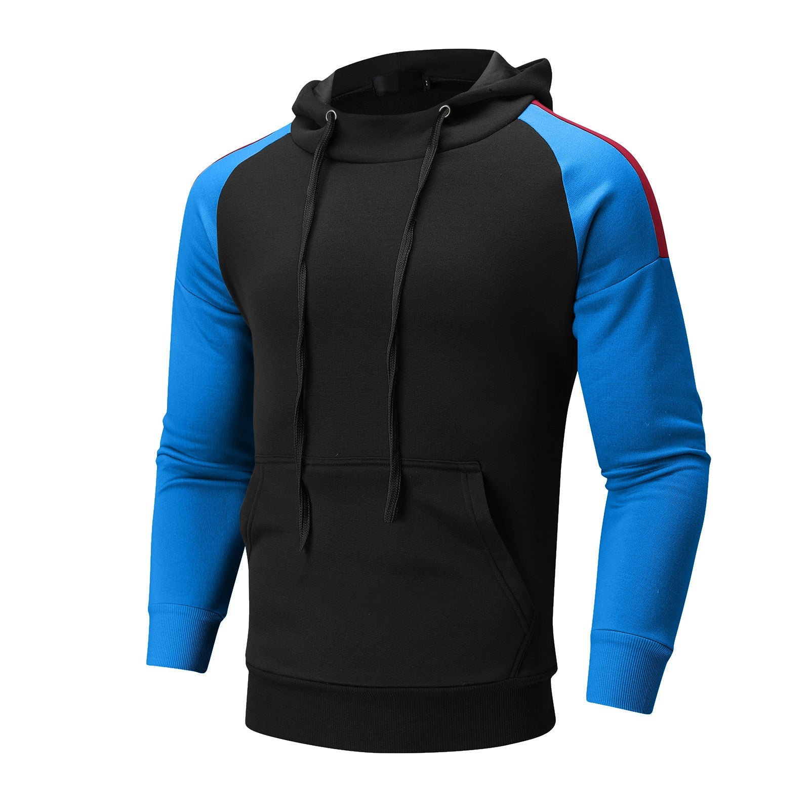 Felpa con cappuccio nera e blu, maniche lunghe, tasca frontale, dettagli rossi sulle spalle. Abbigliamento casual uomo, moda streetwear.