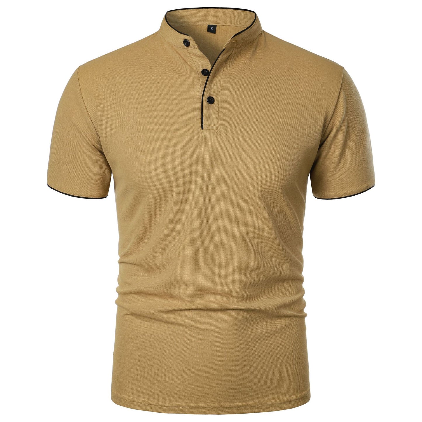 Polo uomo beige a maniche corte con colletto alla coreana e tre bottoni, design elegante e moderno, ideale per look casual e raffinati.