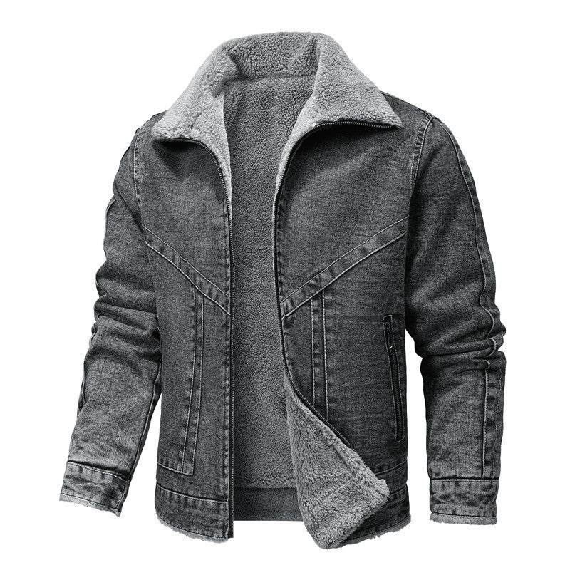 Giacca di jeans grigia con fodera in pelliccia sintetica, design casual, ideale per l'inverno. Moda uomo, abbigliamento caldo e confortevole.