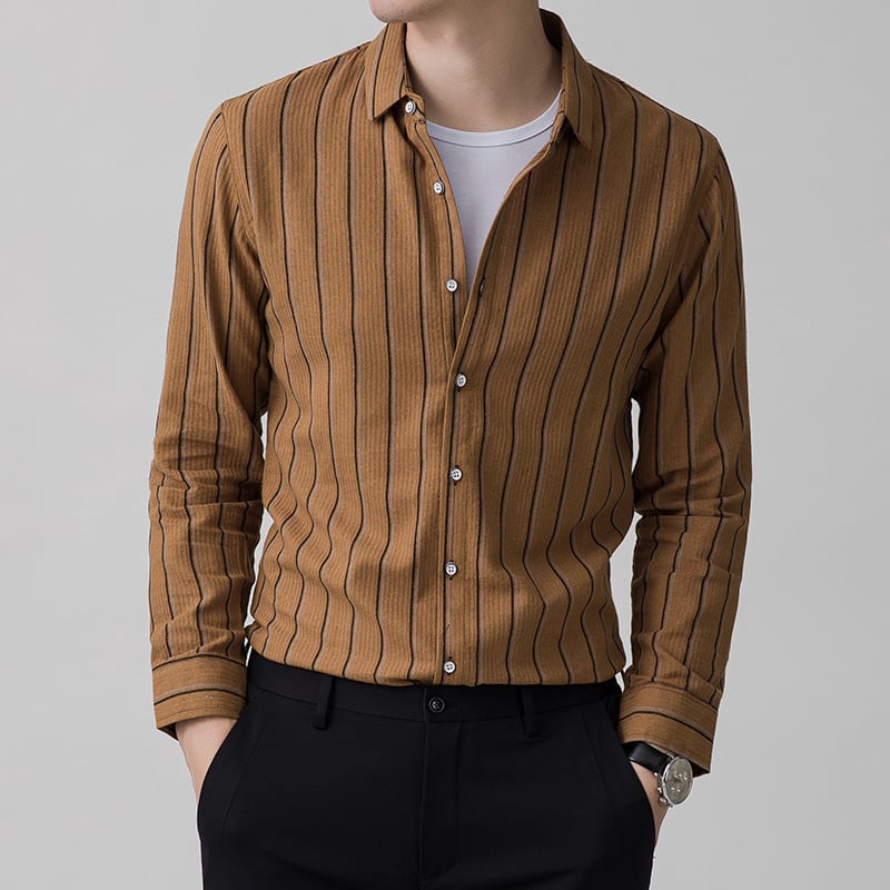 Camicia da Uomo a Maniche Lunghe con Colletto Quadrato, Motivo a Righe e Dettaglio Jacquard