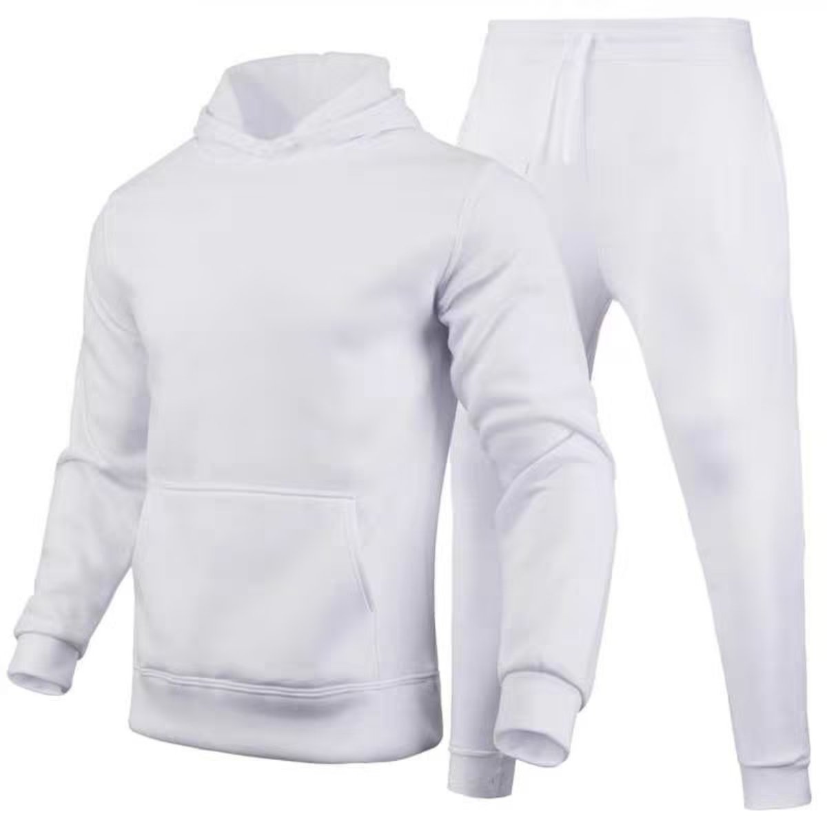 Set tuta bianca unisex, felpa con cappuccio e pantaloni, abbigliamento sportivo casual, moda comoda, ideale per palestra e tempo libero.