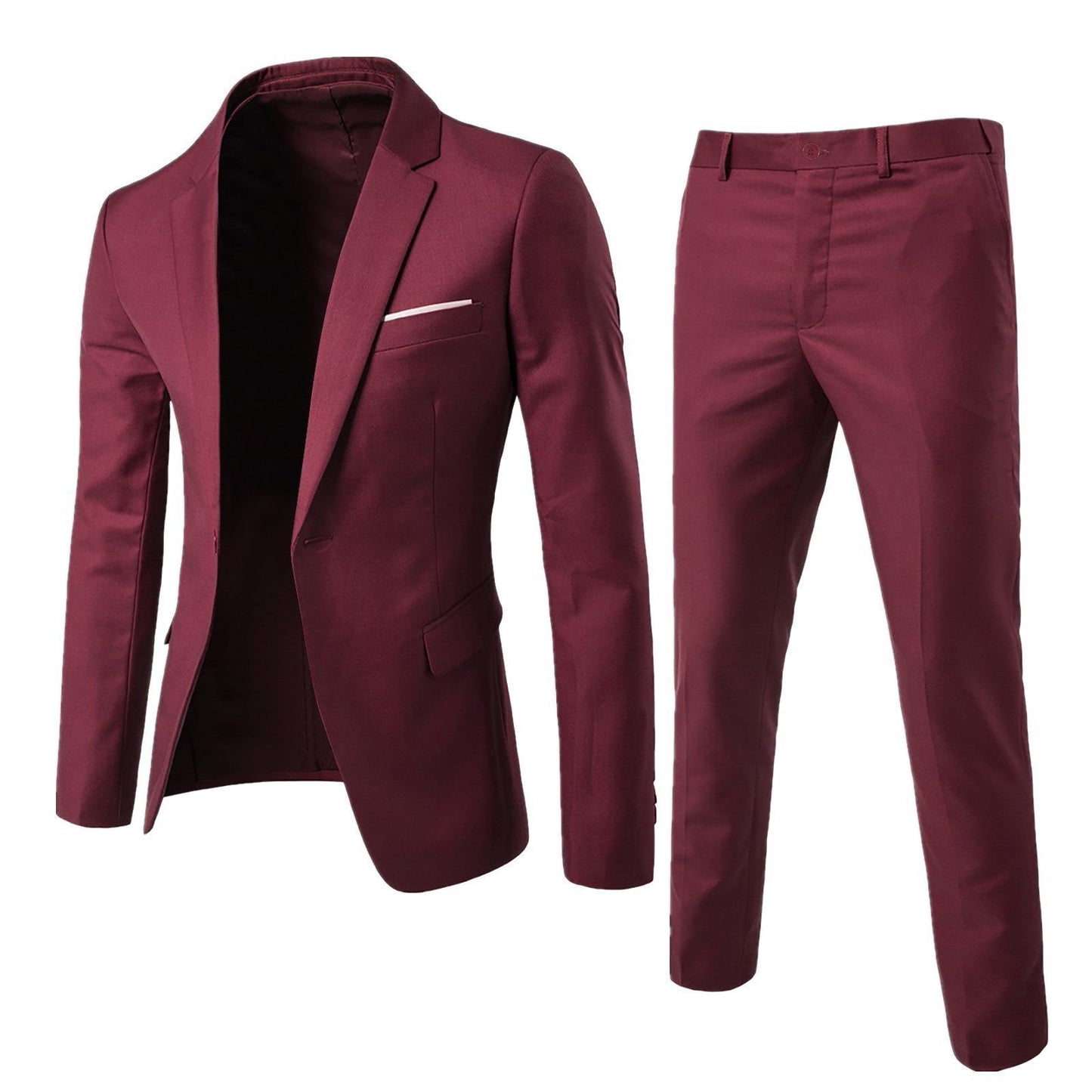 Completo elegante uomo bordeaux, giacca e pantaloni abbinati, stile moderno, ideale per cerimonie e occasioni formali.