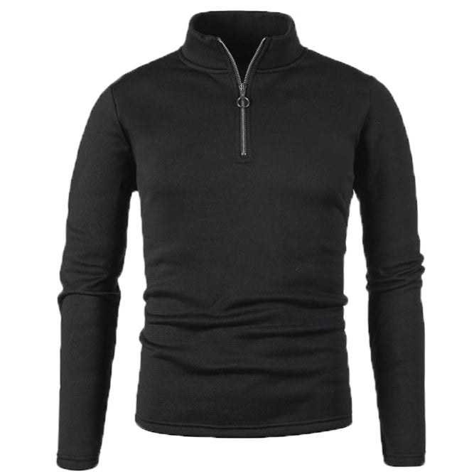 Maglione nero a collo alto con zip, maniche lunghe, design semplice ed elegante, ideale per moda uomo autunno inverno.