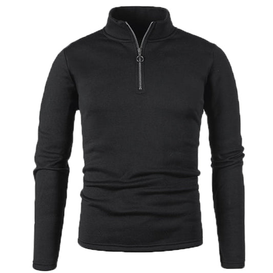 Maglione nero a collo alto con zip, maniche lunghe, design semplice ed elegante, ideale per moda uomo autunno inverno.