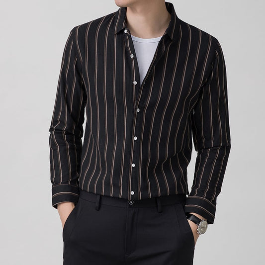 Camicia da Uomo a Maniche Lunghe con Colletto Quadrato, Motivo a Righe e Dettaglio Jacquard