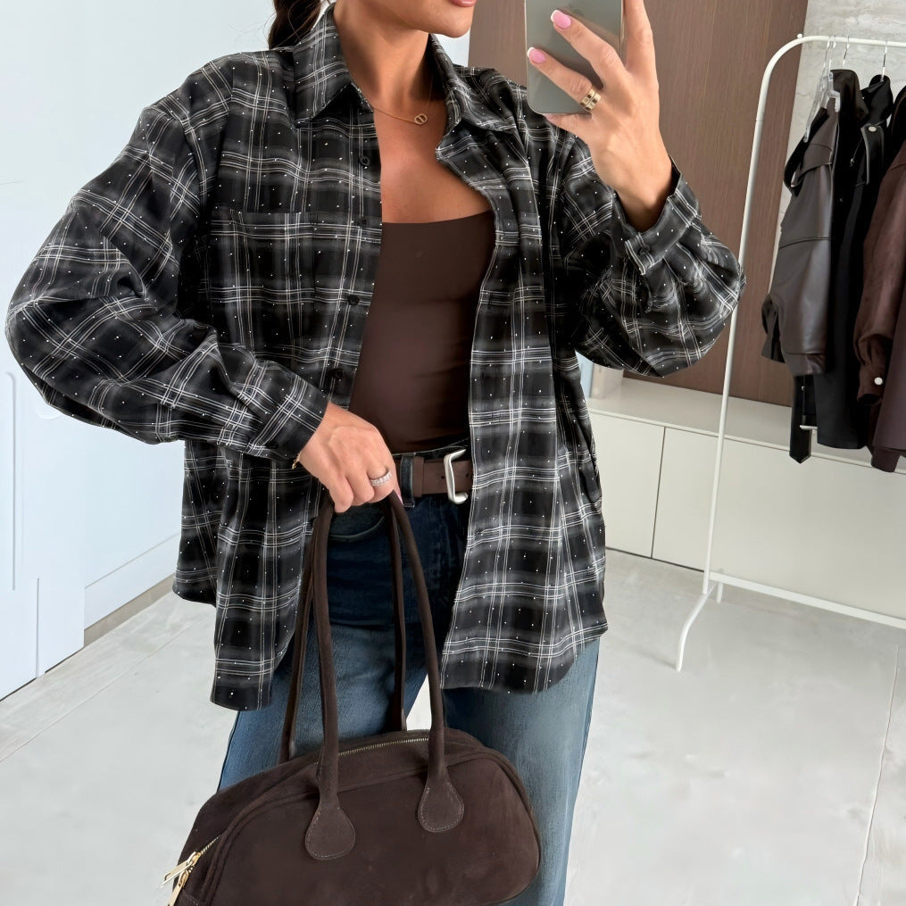 Dame Skjorte med Enkeltknap, Skotsk Ternet Mønster og Strass, Lange Ærmer