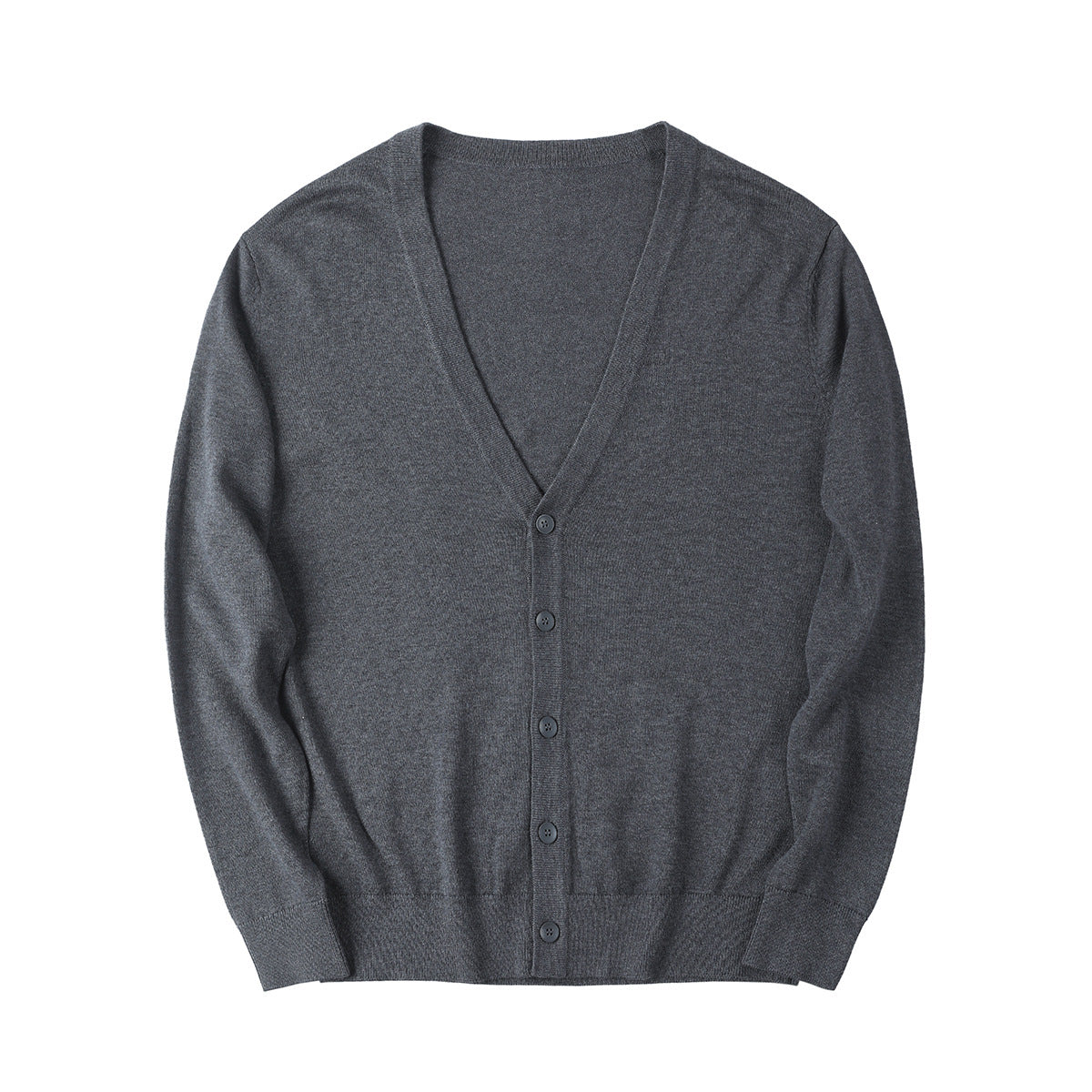 Cardigan grigio in lana, design classico con scollo a V e bottoni, ideale per moda uomo autunno inverno, abbigliamento casual elegante.